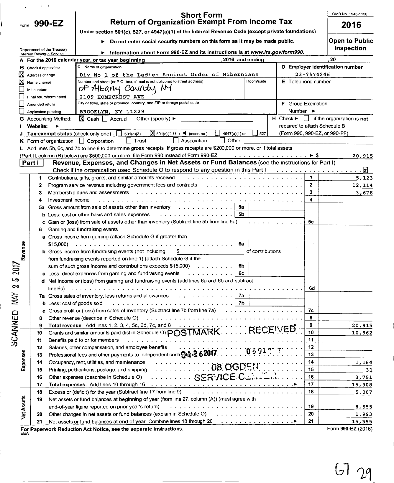 Image of first page of 2016 Form 990EO for Div No 1 of the Ladies Ancient Order of Hibernians