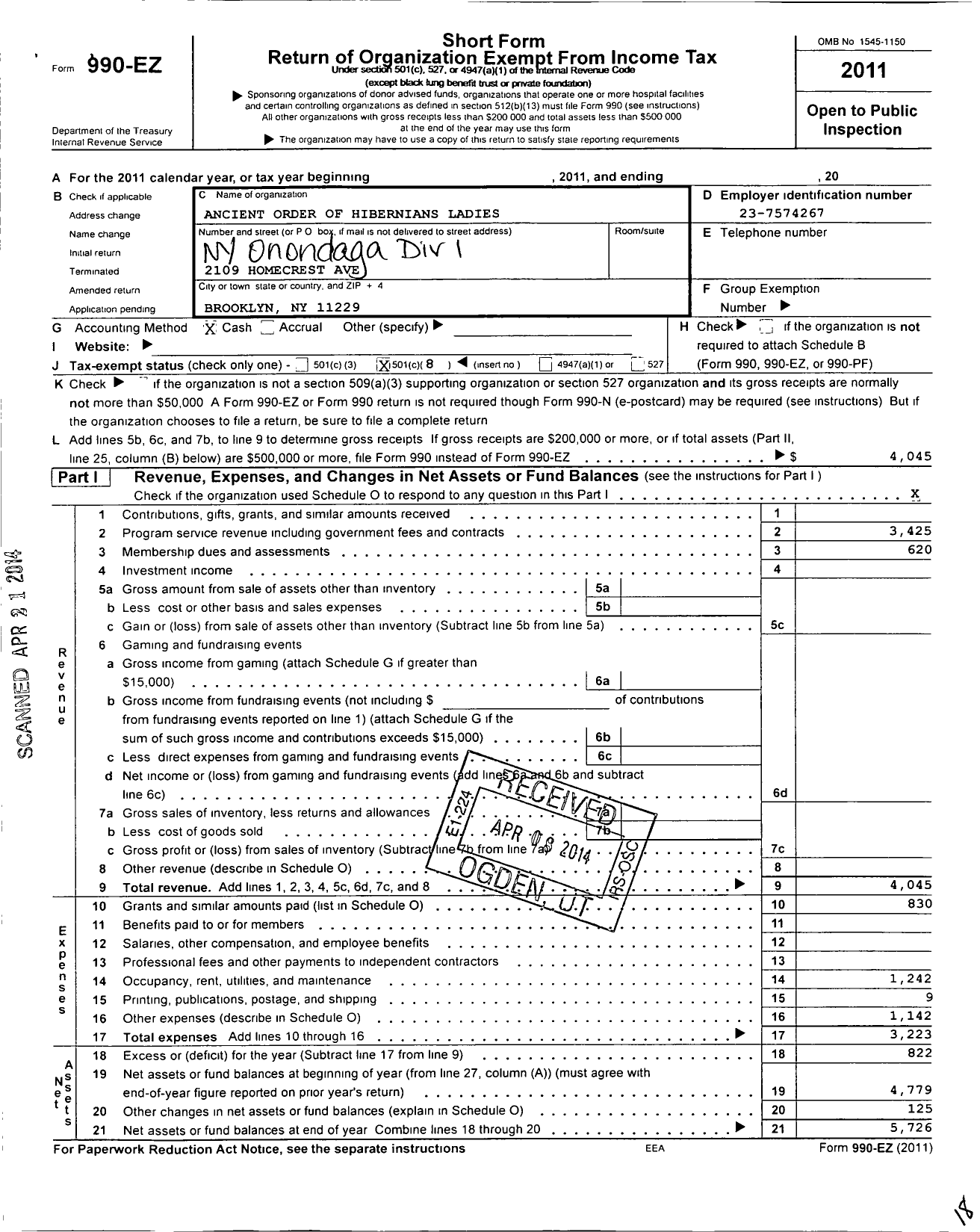 Image of first page of 2011 Form 990EO for Ladies Ancient Order of Hibernians / 1 Ny Onondaga Div