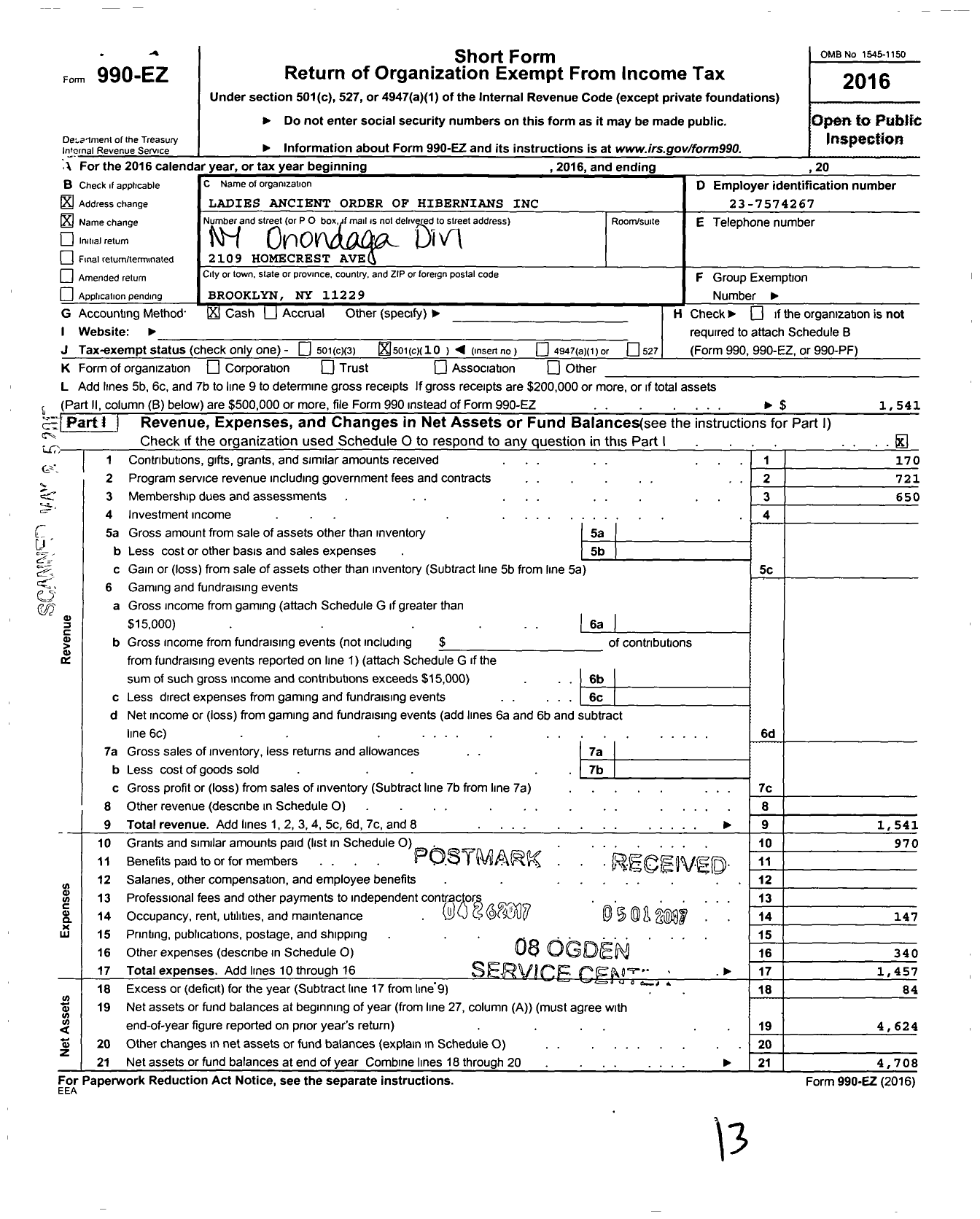 Image of first page of 2016 Form 990EO for Ladies Ancient Order of Hibernians / 1 Ny Onondaga Div