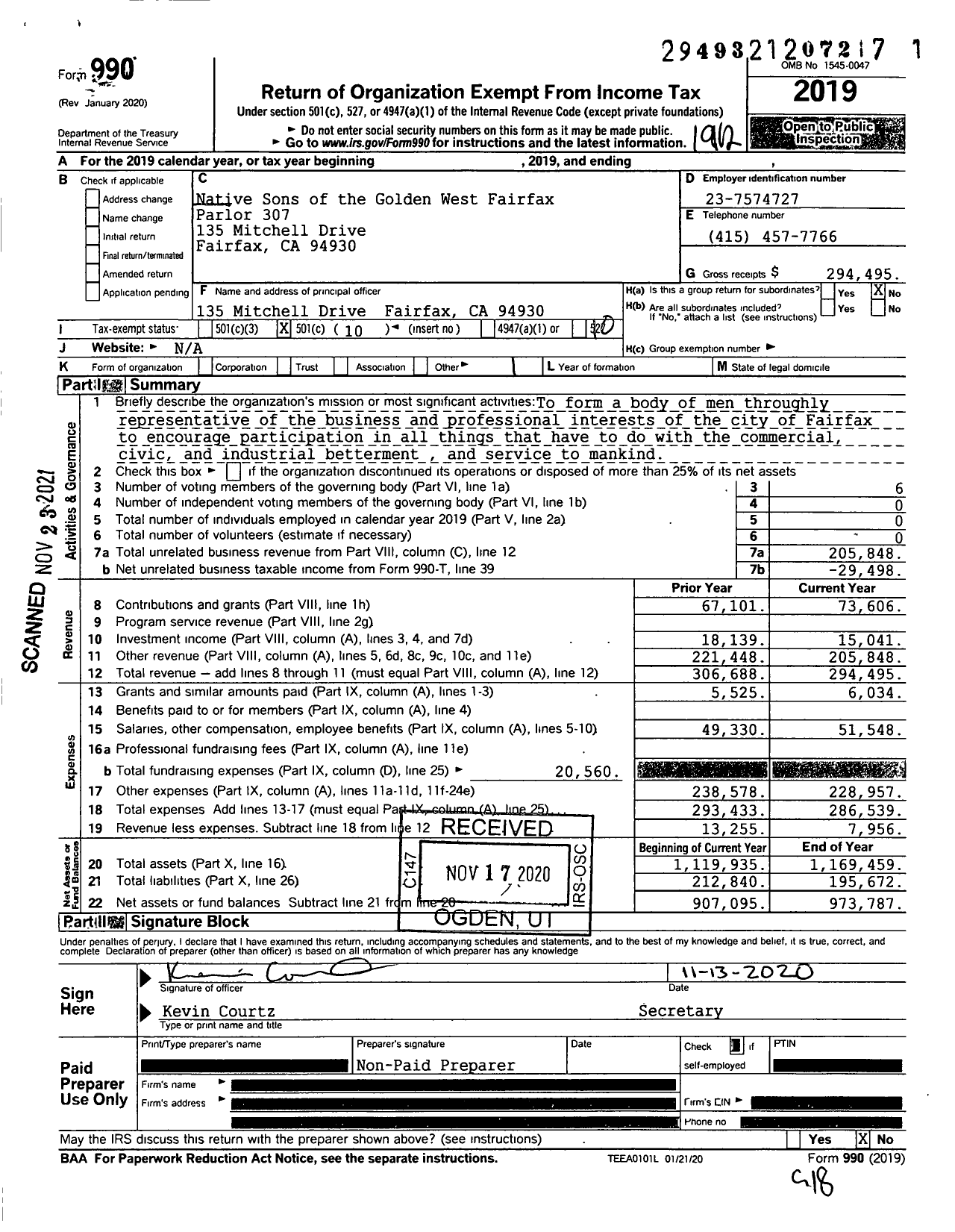 Image of first page of 2019 Form 990O for Native Sons of the Golden West - 307 Fairfax-Marin