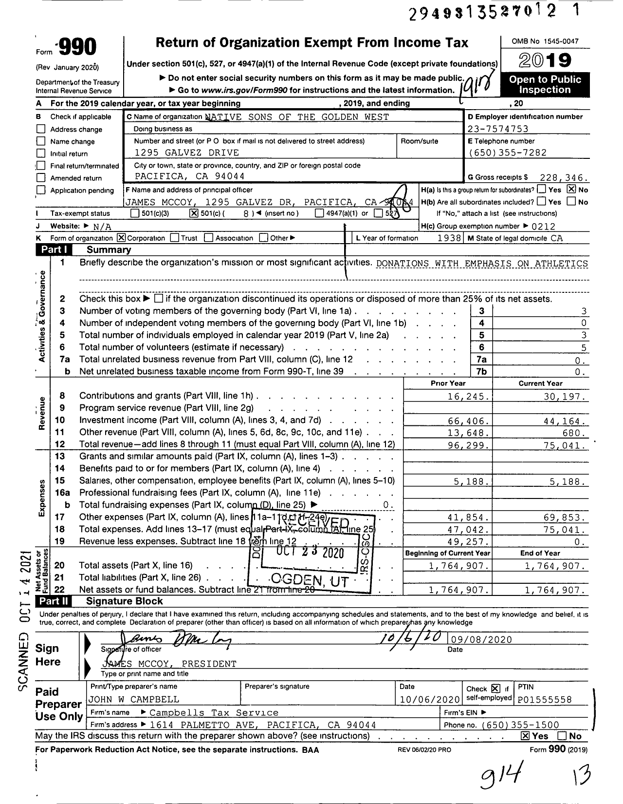 Image of first page of 2019 Form 990O for Native Sons of the Golden West - 214 Twin Peaks Parlor