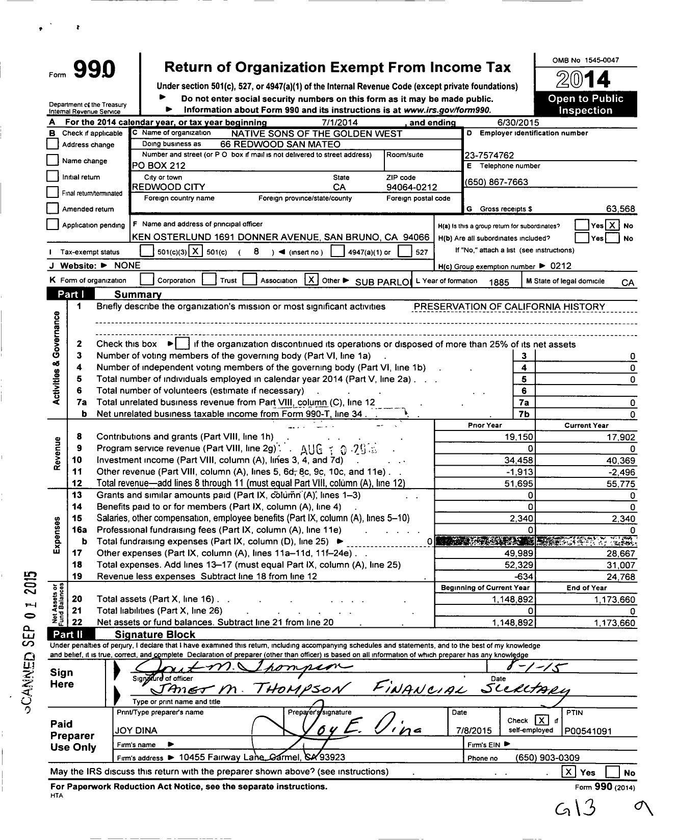 Image of first page of 2014 Form 990O for 66 Redwood San Mateo - 66 Redwood San Mateo