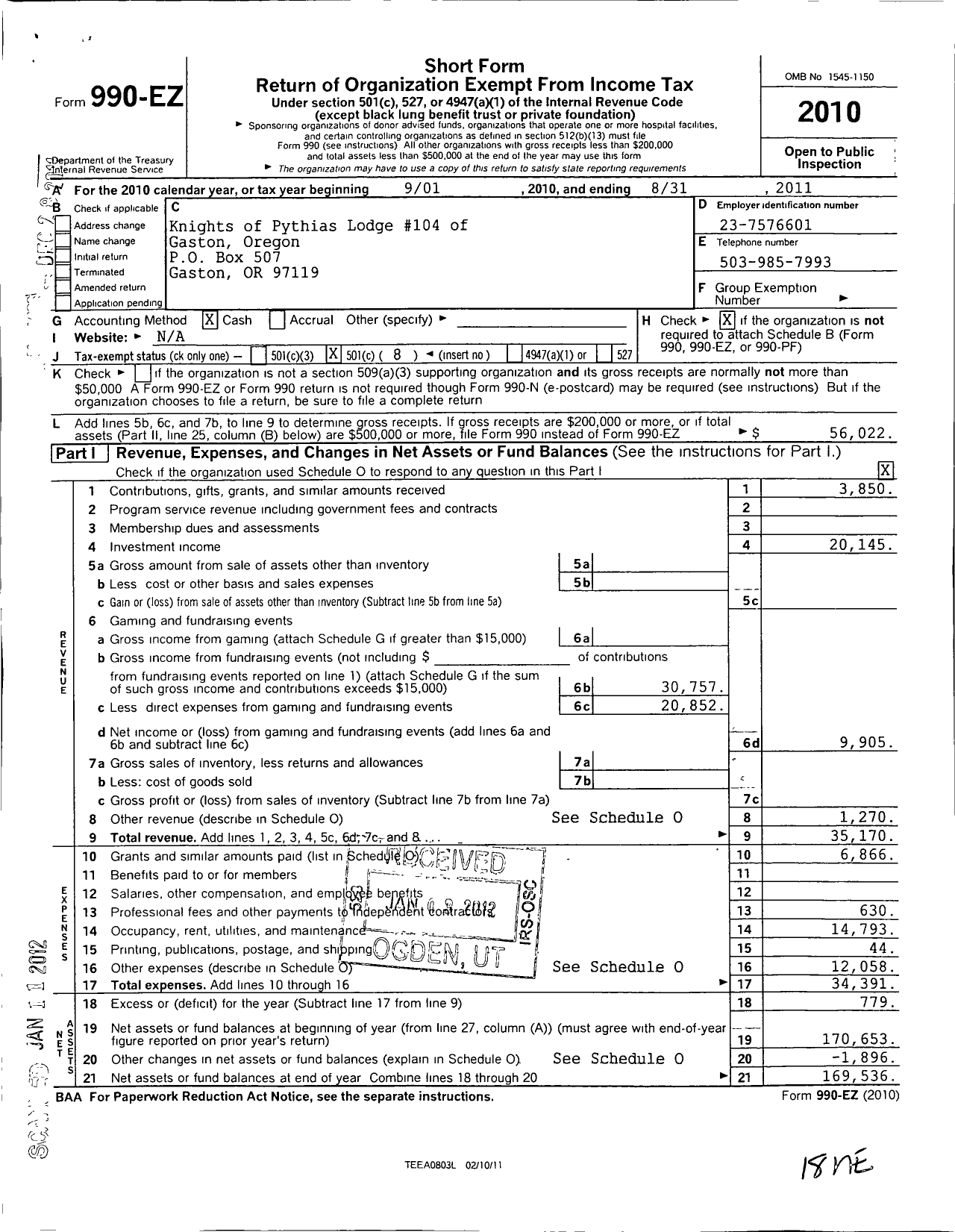 Image of first page of 2010 Form 990EO for Knights of Pythias Oregon - 104 Gaston Lodge