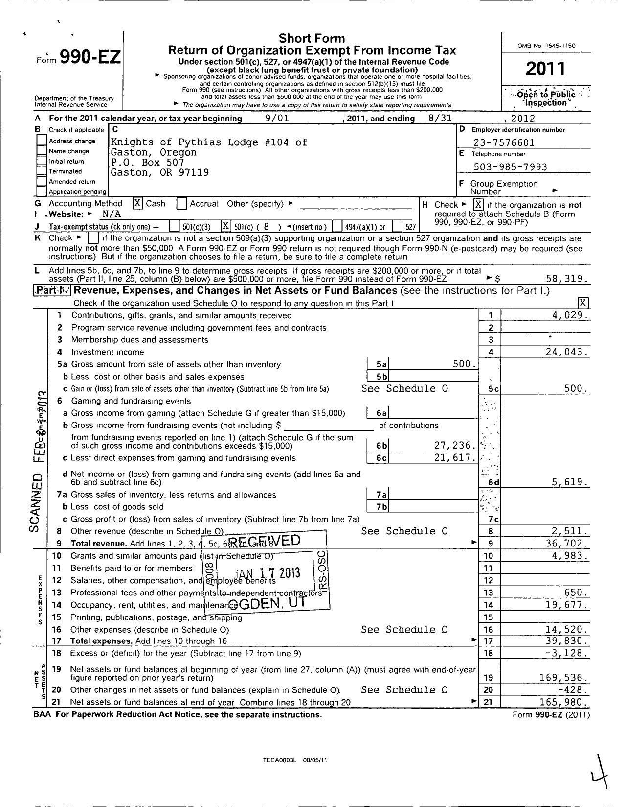 Image of first page of 2011 Form 990EO for Knights of Pythias Oregon - 104 Gaston Lodge