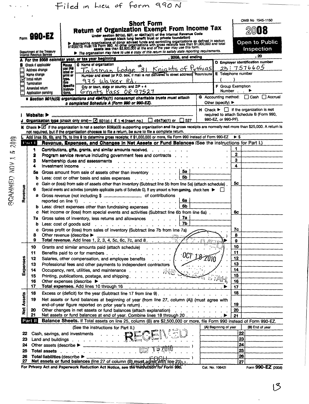 Image of first page of 2008 Form 990EO for Knights of Pythias Oregon - 31 Talisman Lodge