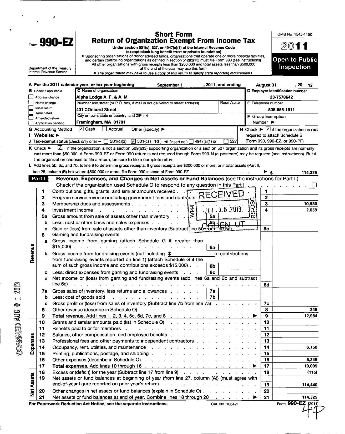 Image of first page of 2011 Form 990EO for Massachusetts Freemasons - Alpha Lodge