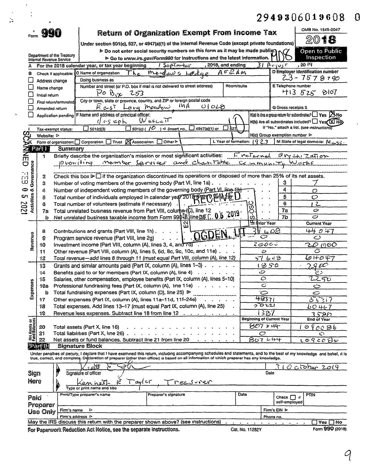 Image of first page of 2018 Form 990O for Massachusetts Freemasons - Meadows Lodge