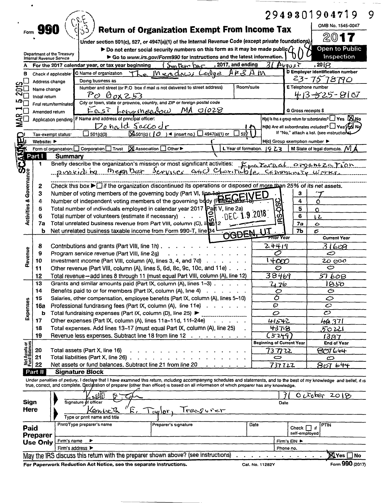 Image of first page of 2017 Form 990O for Massachusetts Freemasons - Meadows Lodge