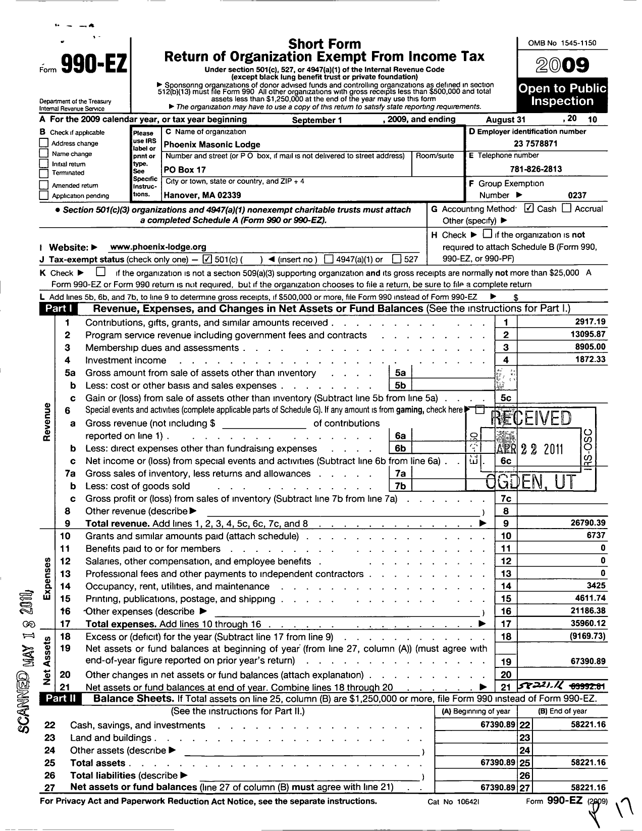 Image of first page of 2009 Form 990EO for Massachusetts Freemasons - Phoenix Lodge