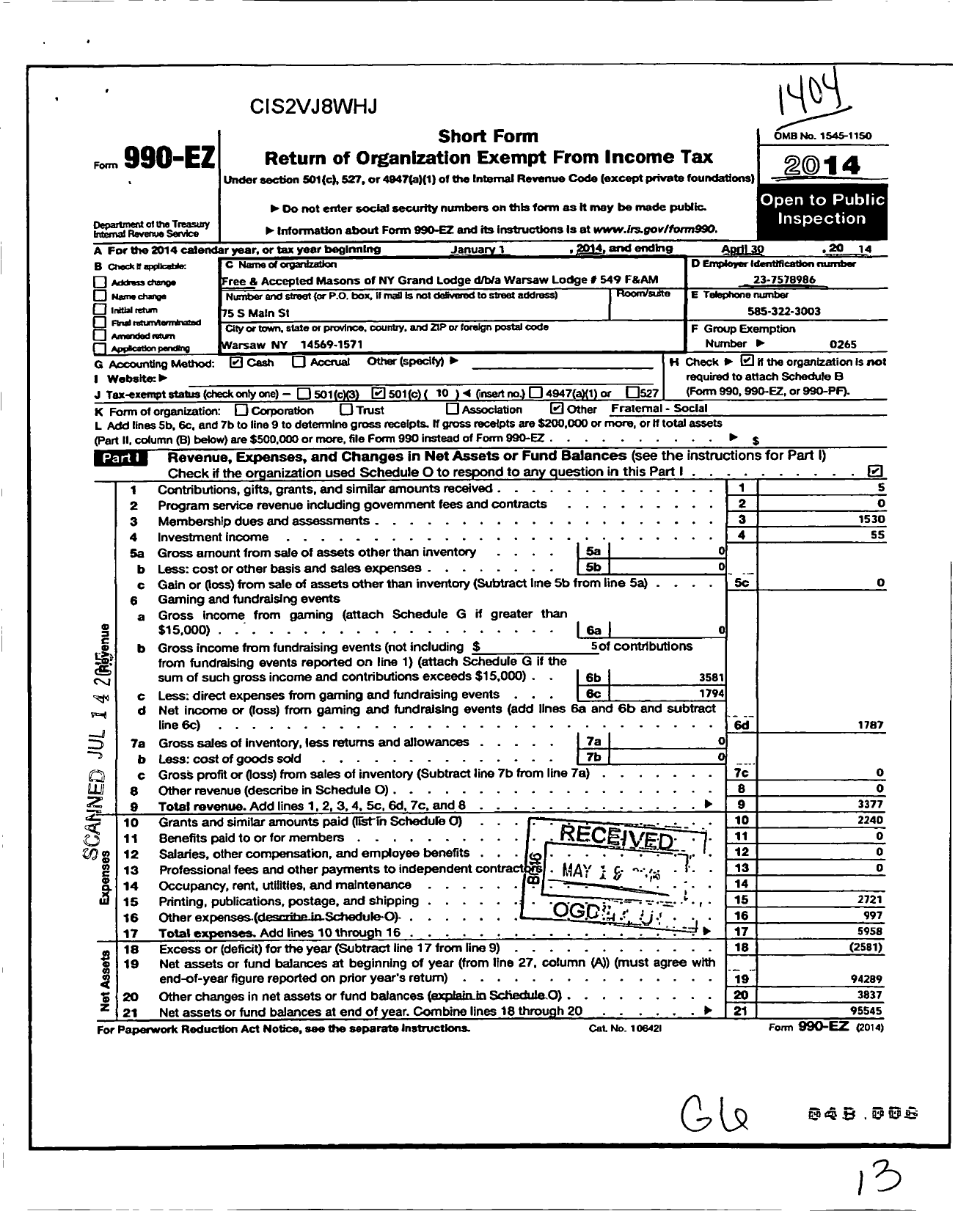 Image of first page of 2013 Form 990EO for Free and Accepted Masons of New York - 549 Warsaw Lodge