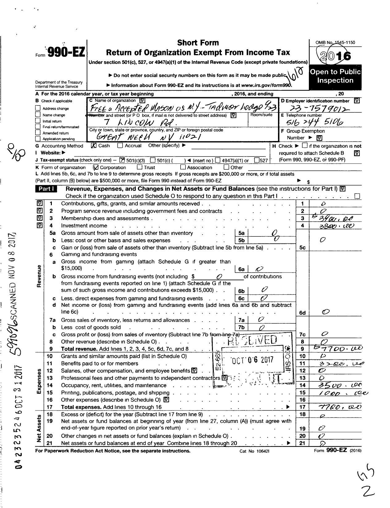 Image of first page of 2016 Form 990EZ for Free and Accepted Masons of New York - 923 Tadmor Lodge