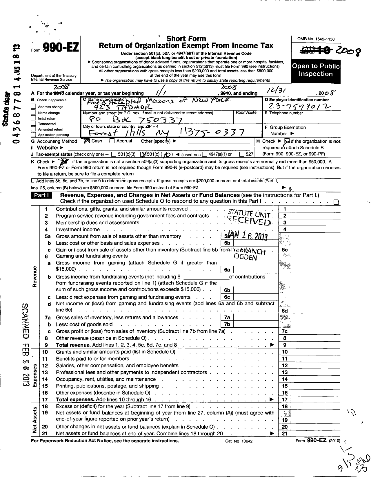 Image of first page of 2008 Form 990EO for Free and Accepted Masons of New York - 923 Tadmor Lodge