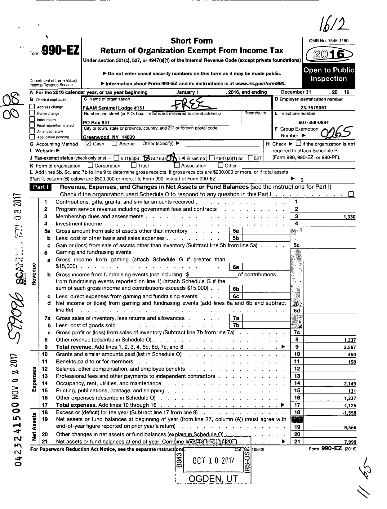 Image of first page of 2016 Form 990EO for Free and Accepted Masons of New York - 151 Sentinel Lodge