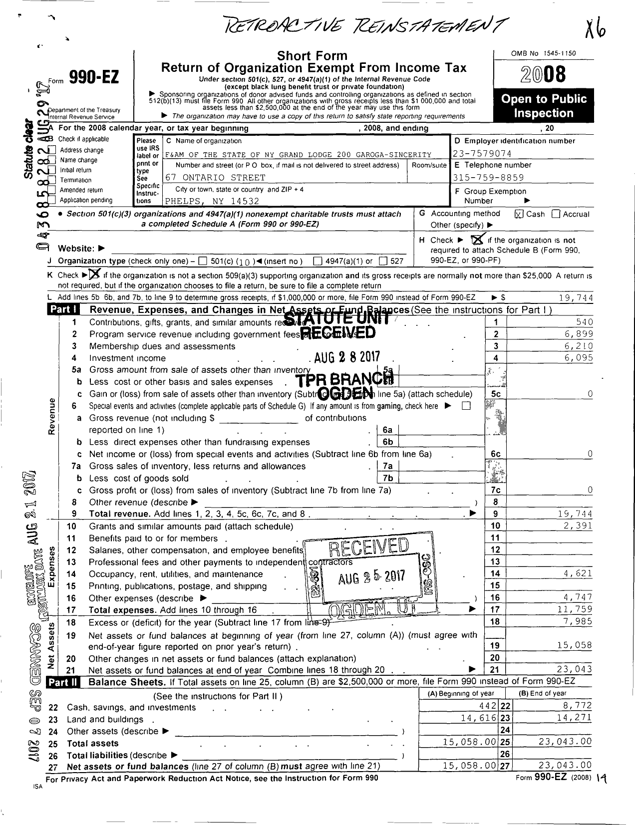 Image of first page of 2008 Form 990EO for Garoga -sincerity Lodge No 200 of Free and Accepted Masons