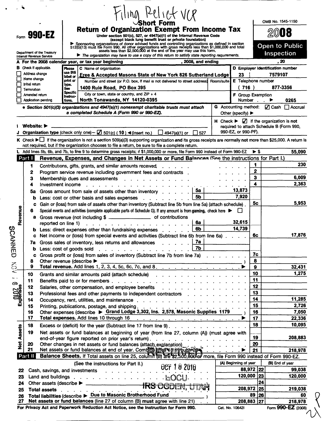 Image of first page of 2008 Form 990EO for Free and Accepted Masons of New York - 826 Sutherland Lodge