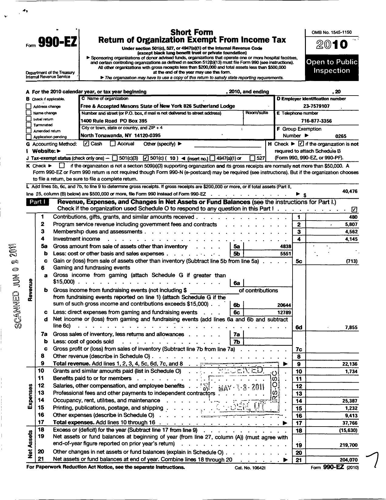 Image of first page of 2010 Form 990EO for Free and Accepted Masons of New York - 826 Sutherland Lodge