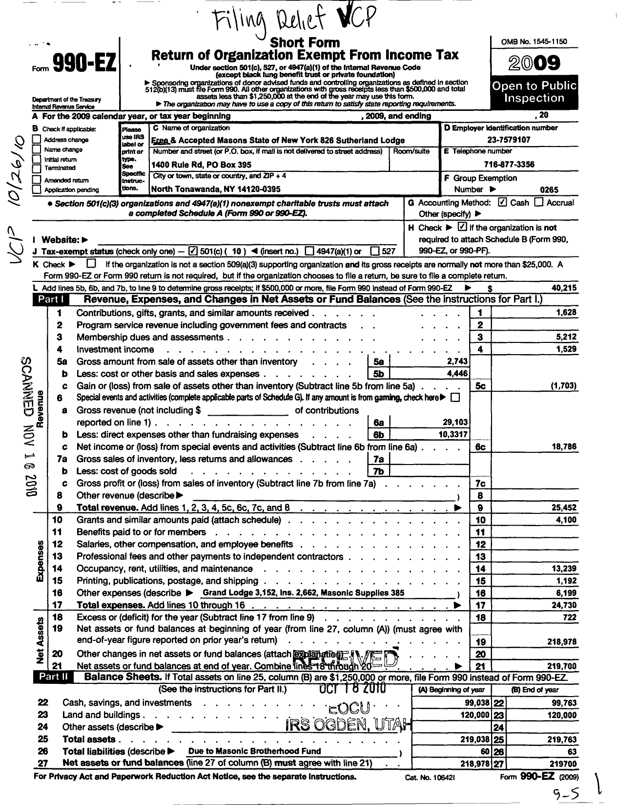 Image of first page of 2009 Form 990EO for Free and Accepted Masons of New York - 826 Sutherland Lodge