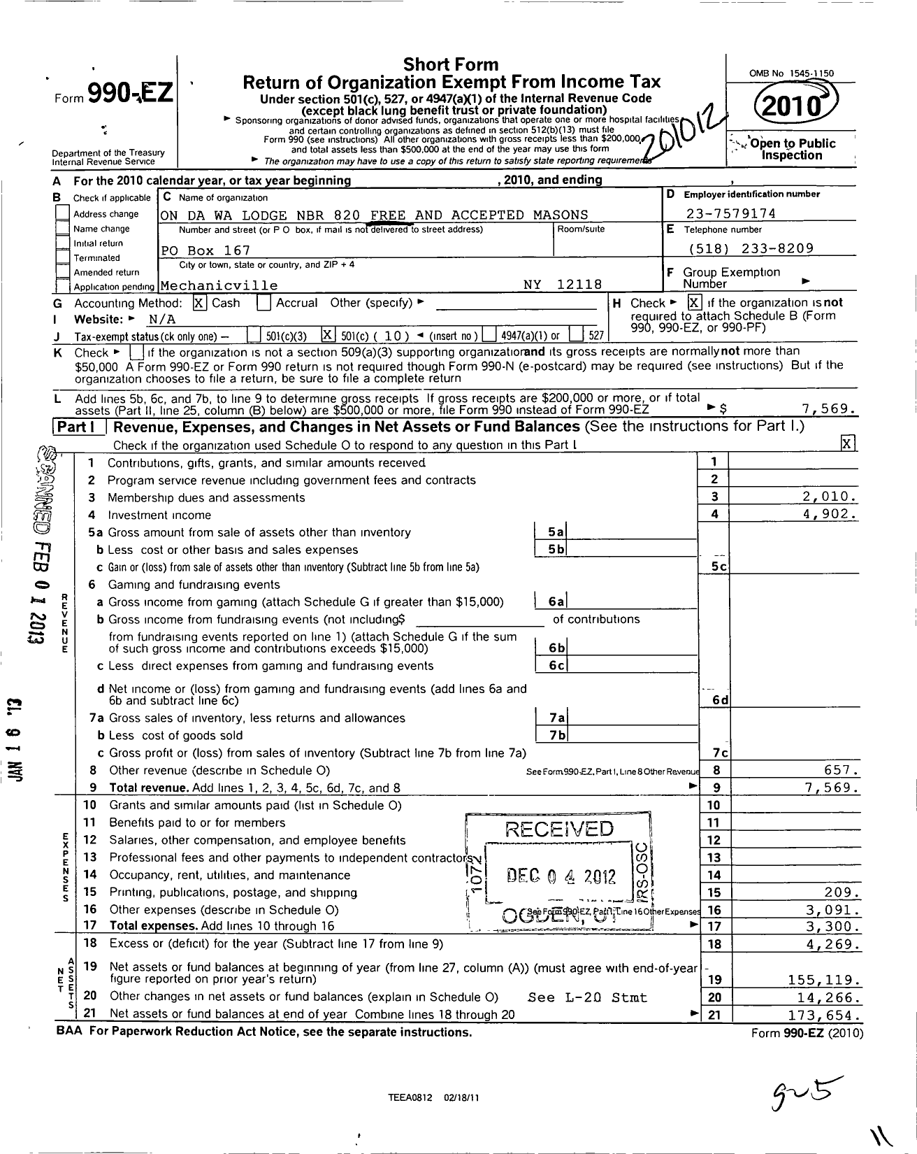 Image of first page of 2010 Form 990EO for Free and Accepted Masons of New York - 820 On-Da-Wa Lodge