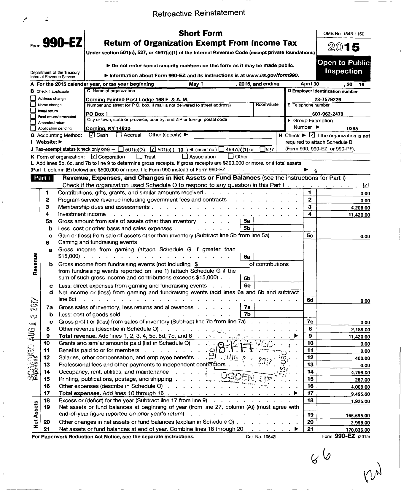 Image of first page of 2015 Form 990EO for Corning Painted Post Masonic Lodge No 168 F and A M