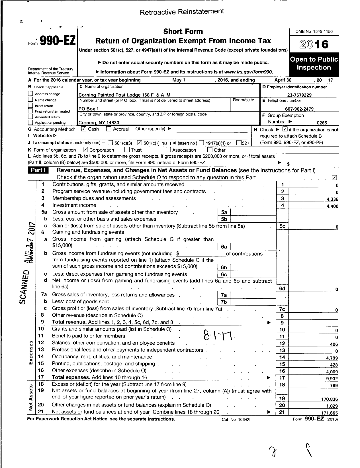Image of first page of 2016 Form 990EO for Corning Painted Post Masonic Lodge No 168 F and A M