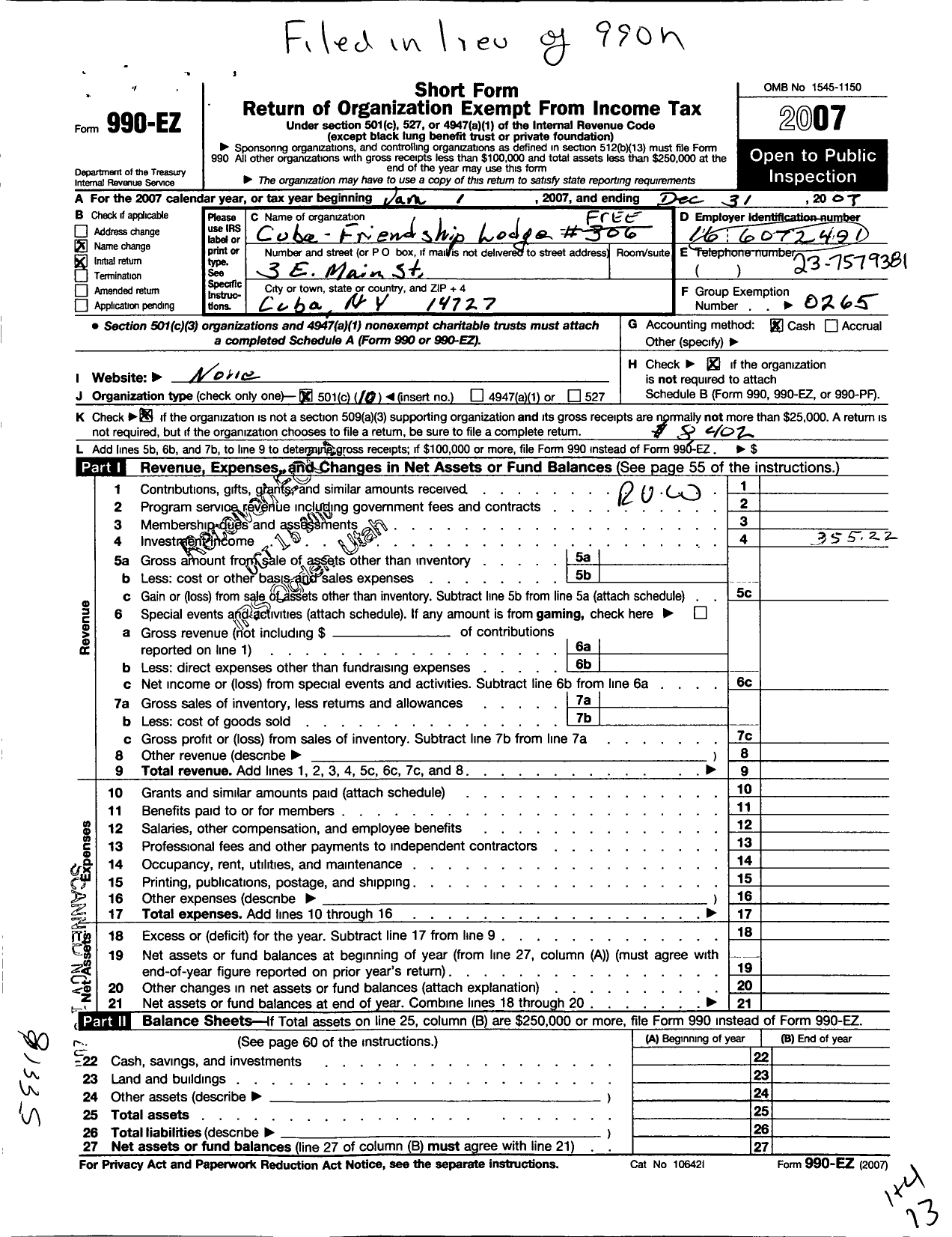 Image of first page of 2007 Form 990EO for Free and Accepted Masons of New York - 306 Cuba-Friendship Lodge