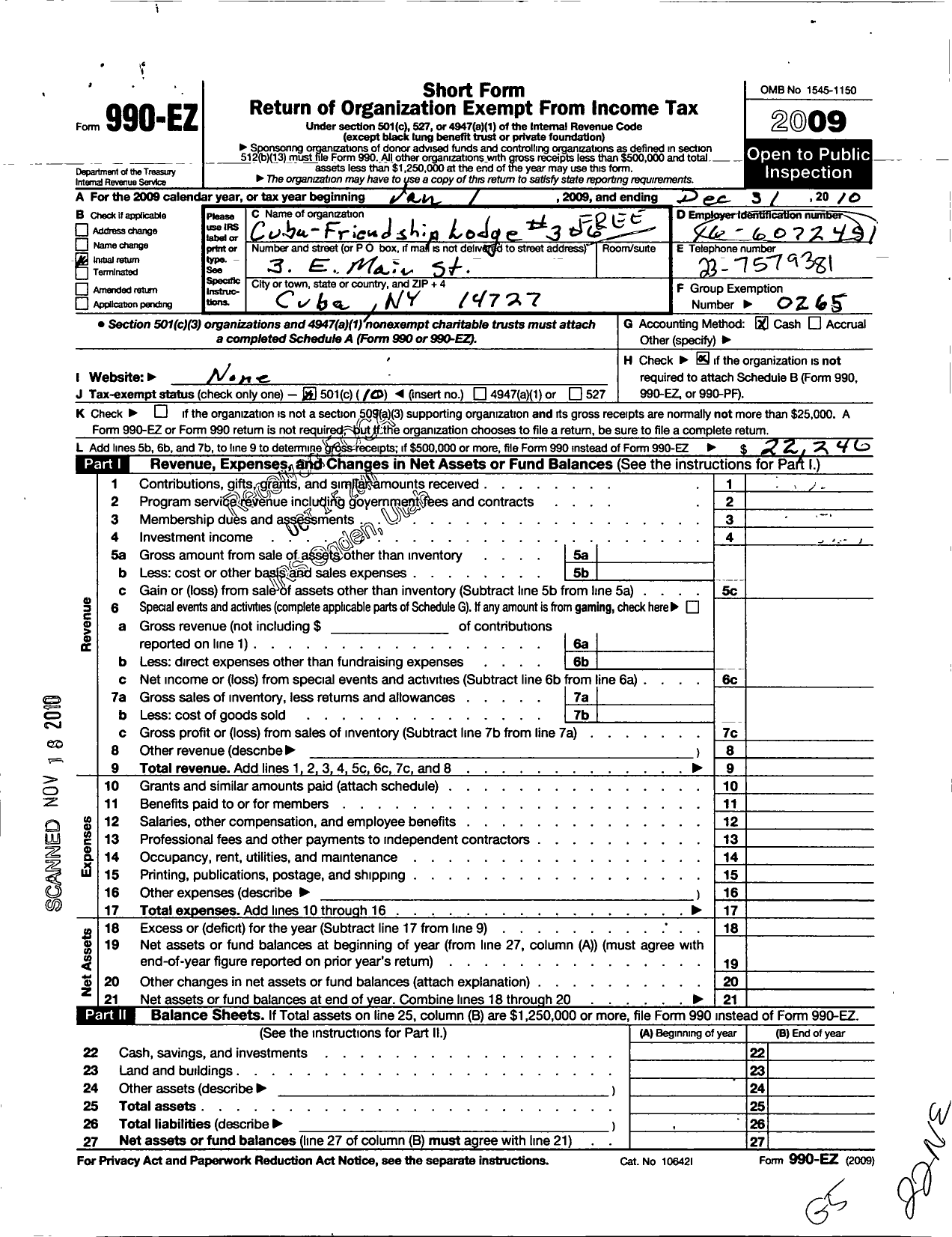 Image of first page of 2010 Form 990EO for Free and Accepted Masons of New York - 306 Cuba-Friendship Lodge