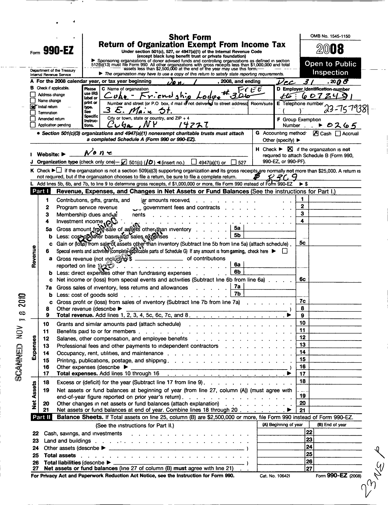 Image of first page of 2008 Form 990EO for Free and Accepted Masons of New York - 306 Cuba-Friendship Lodge