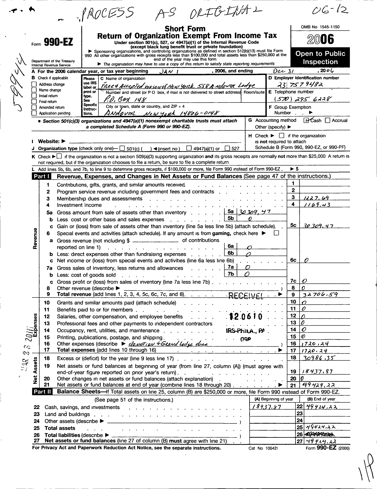 Image of first page of 2006 Form 990EO for Free and Accepted Masons of New York - 558 Andover Lodge