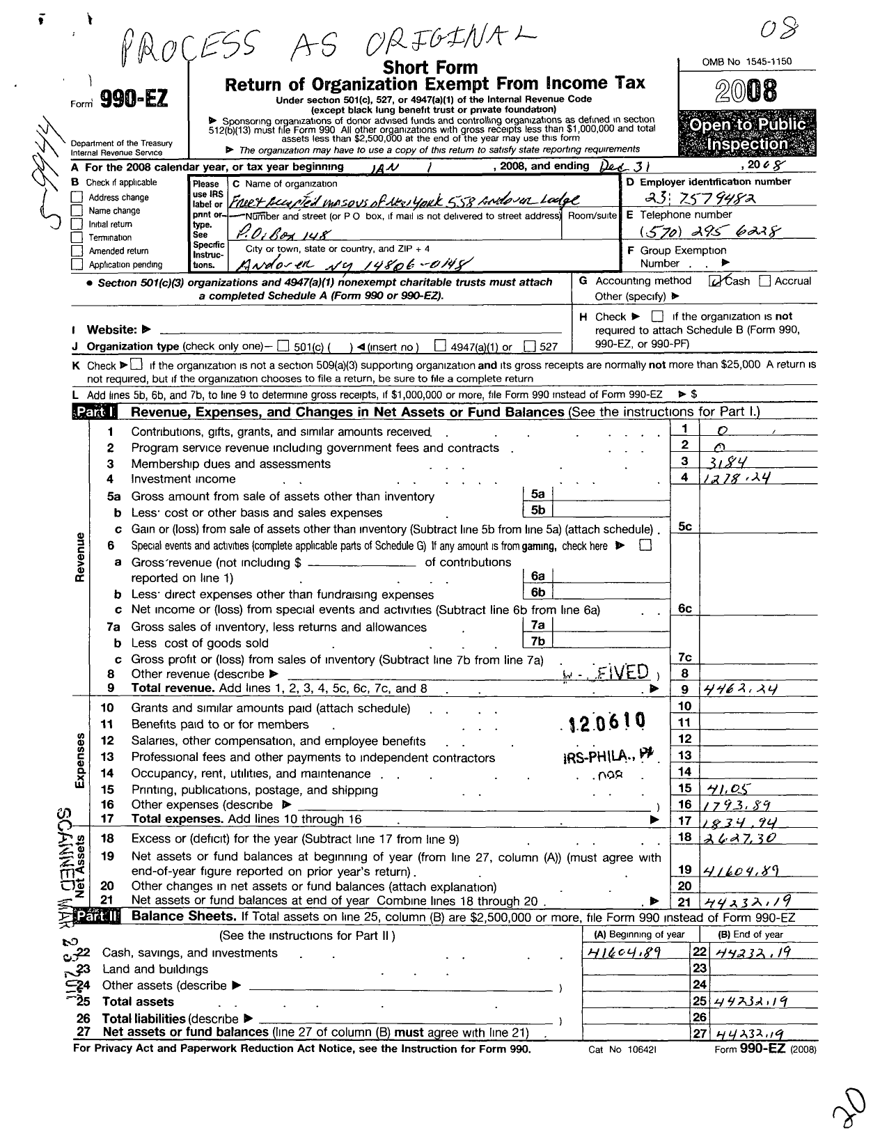 Image of first page of 2008 Form 990EO for Free and Accepted Masons of New York - 558 Andover Lodge