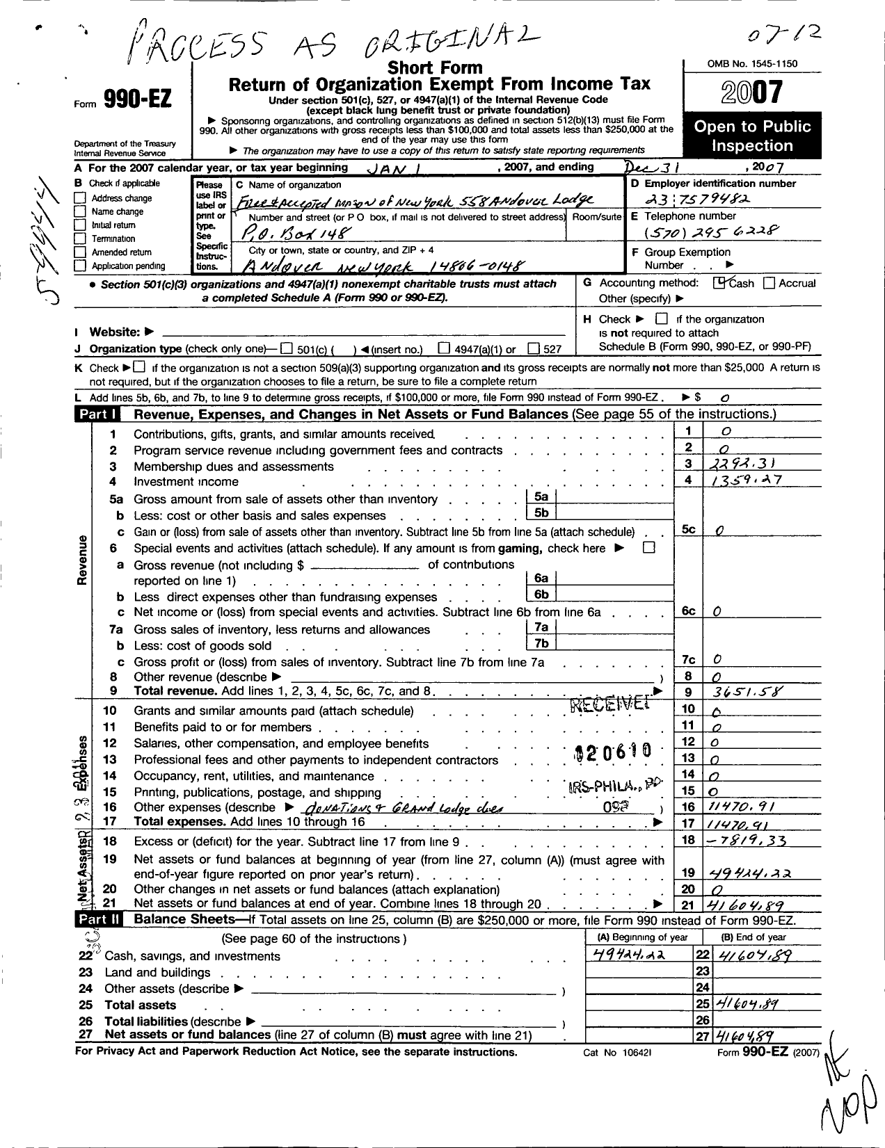 Image of first page of 2007 Form 990EO for Free and Accepted Masons of New York - 558 Andover Lodge