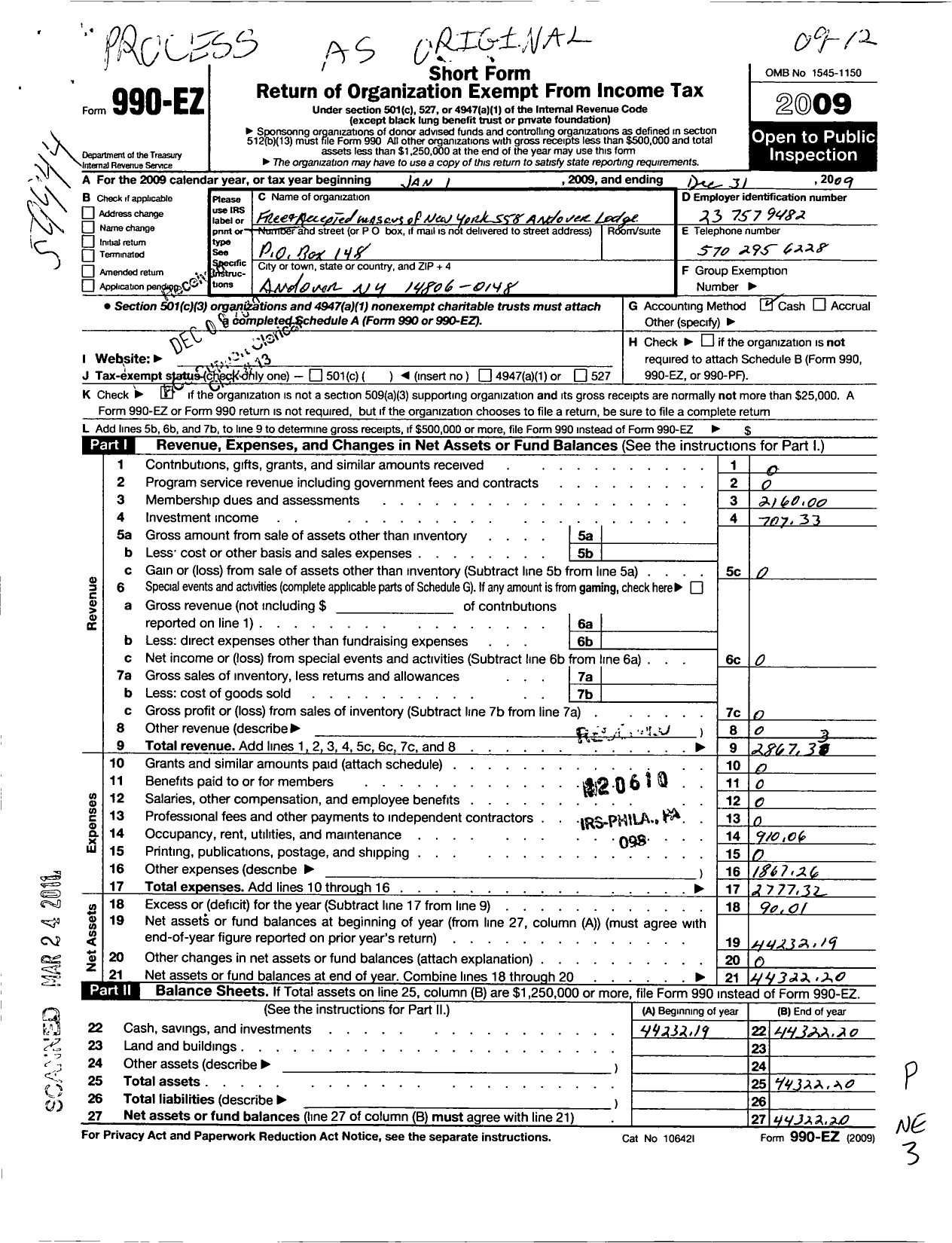 Image of first page of 2009 Form 990EO for Free and Accepted Masons of New York - 558 Andover Lodge