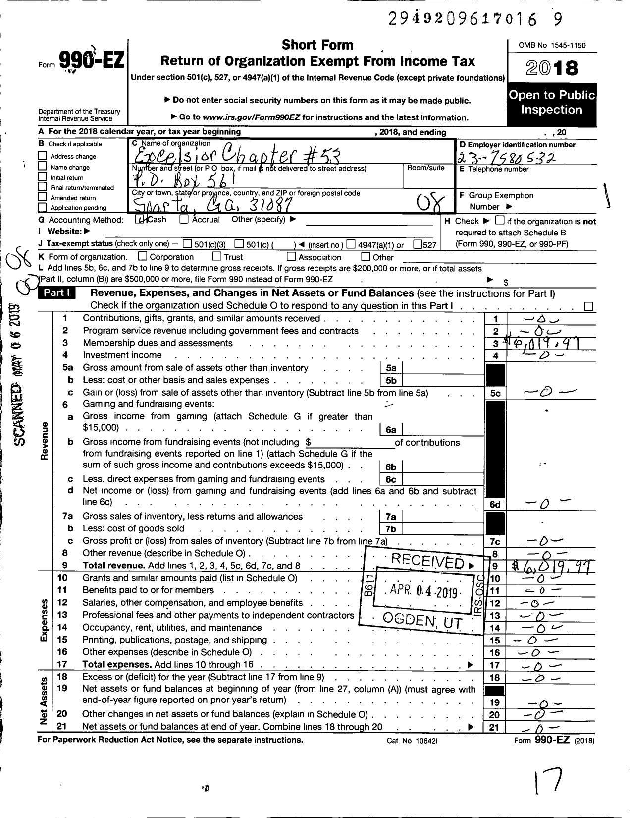 Image of first page of 2018 Form 990EO for Order of the Eastern Star of Georgia Prince Hall - 53 Excelsior