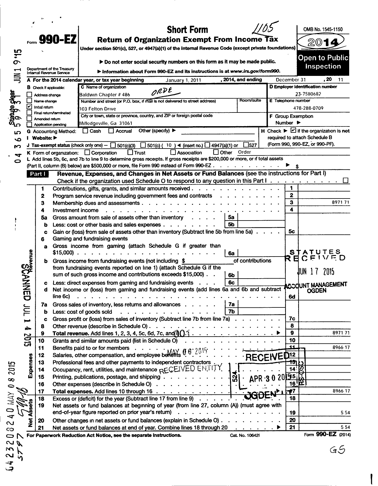 Image of first page of 2010 Form 990EO for Baldwin Chapter 483 Order of Eastern Star