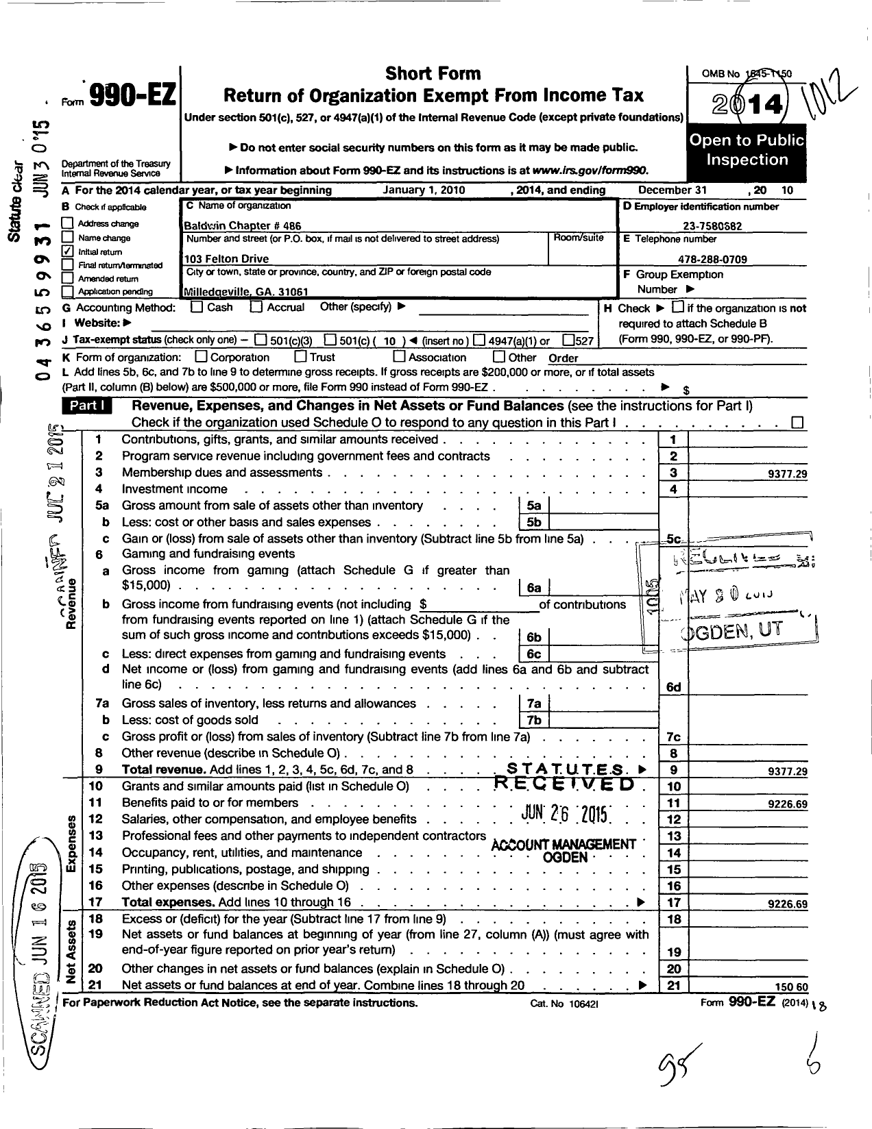 Image of first page of 2010 Form 990EO for Baldwin Chapter 483 Order of Eastern Star