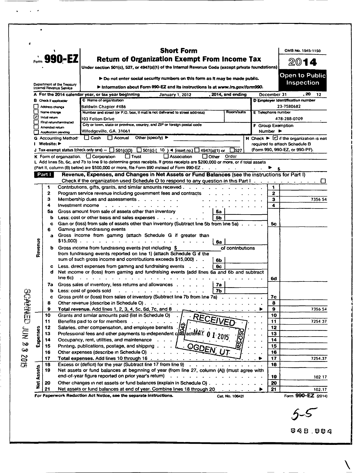 Image of first page of 2012 Form 990EO for Baldwin Chapter 483 Order of Eastern Star