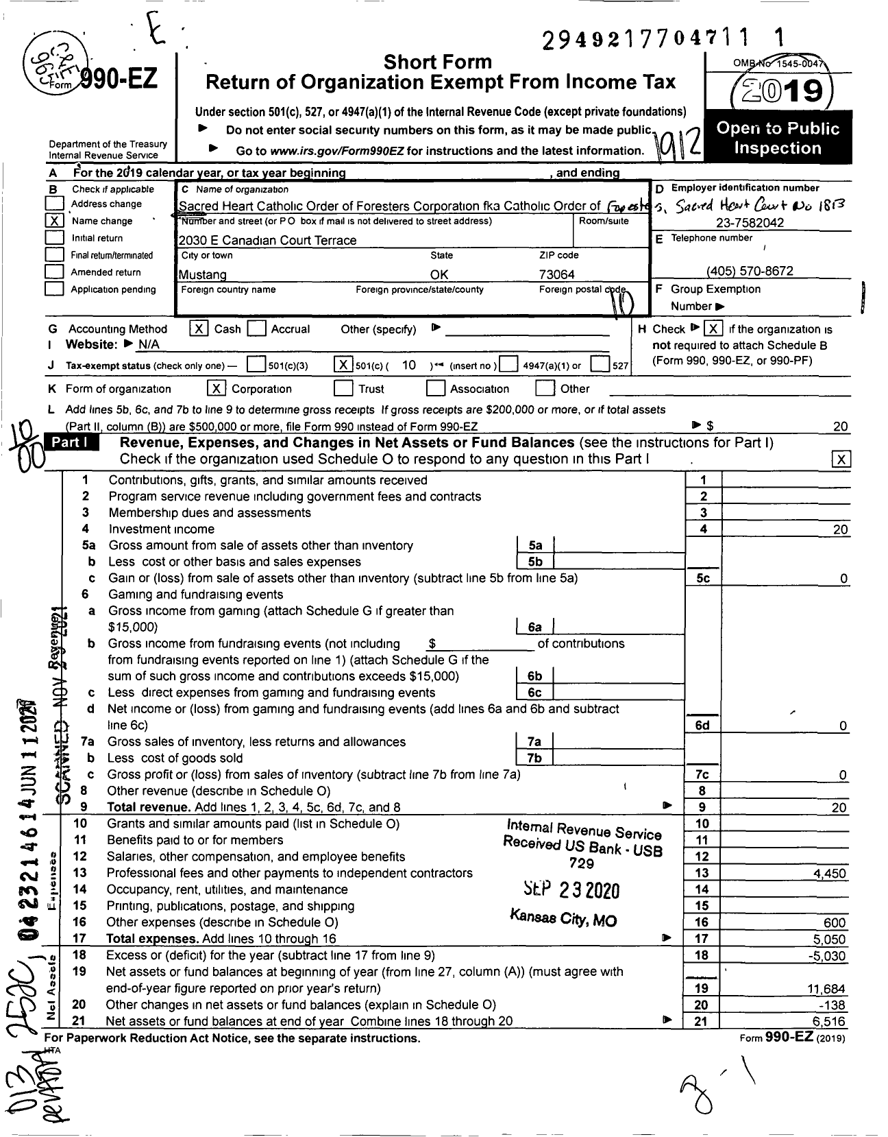 Image of first page of 2019 Form 990EO for Sacred Heart Catholic Order of Foresters Corporation