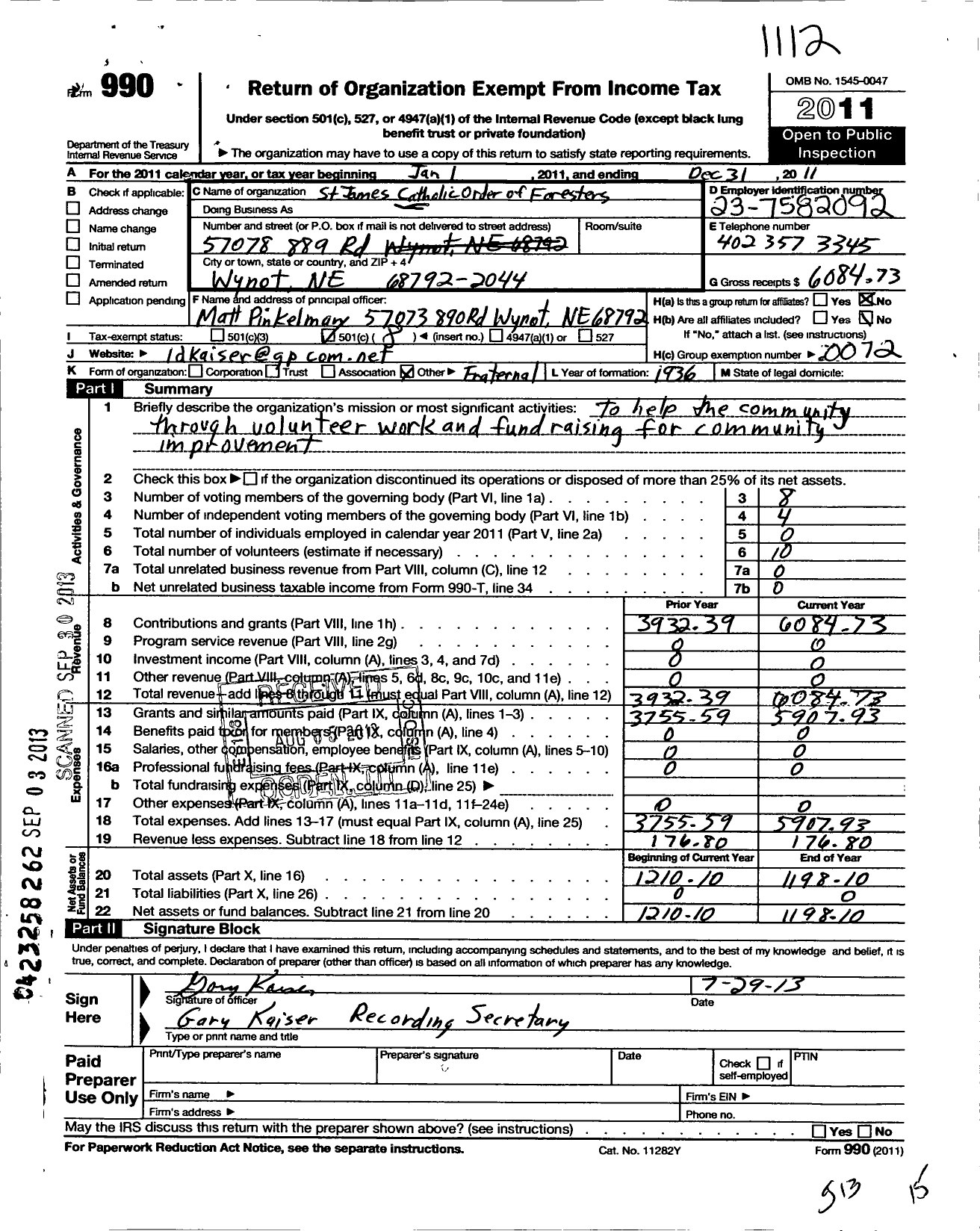 Image of first page of 2011 Form 990O for Catholic Order of Foresters - 1920 St James