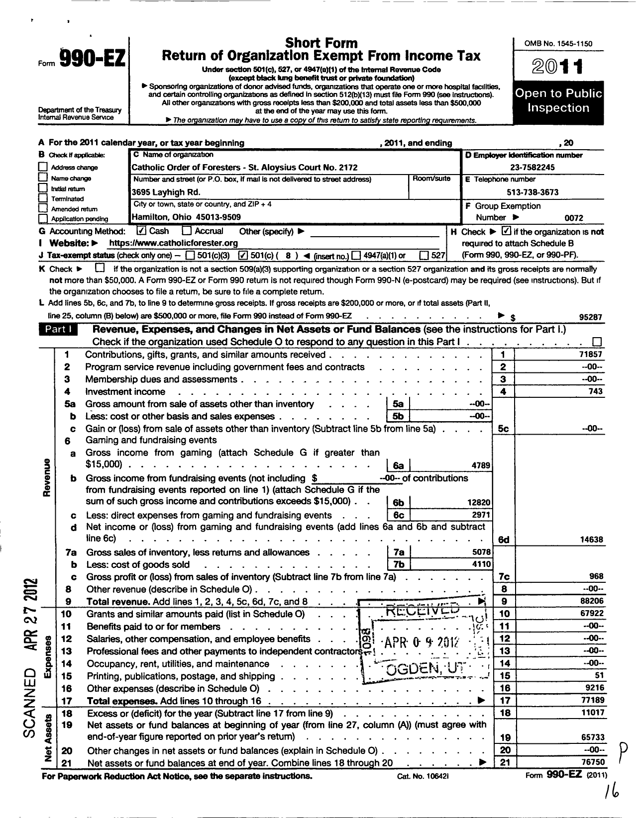 Image of first page of 2011 Form 990EO for Catholic Order of Foresters - 2172 St Aloysius