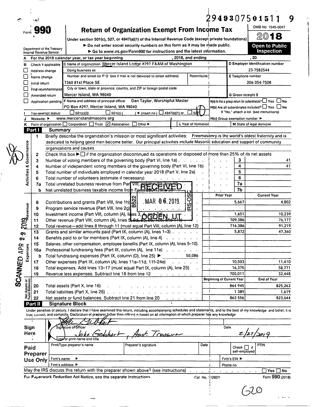 Image of first page of 2018 Form 990O for Dean L Quigley Lodge at Mercer Island #297