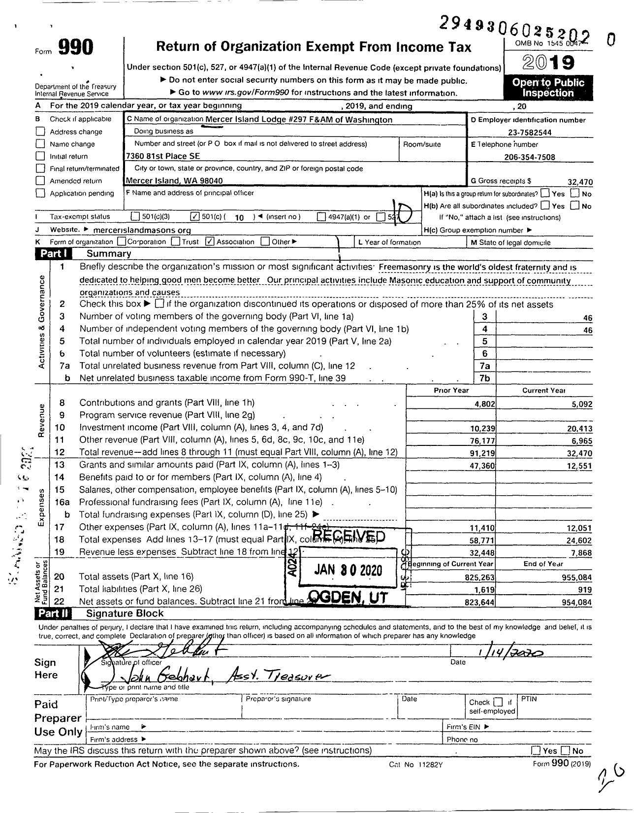 Image of first page of 2019 Form 990O for Dean L Quigley Lodge at Mercer Island #297