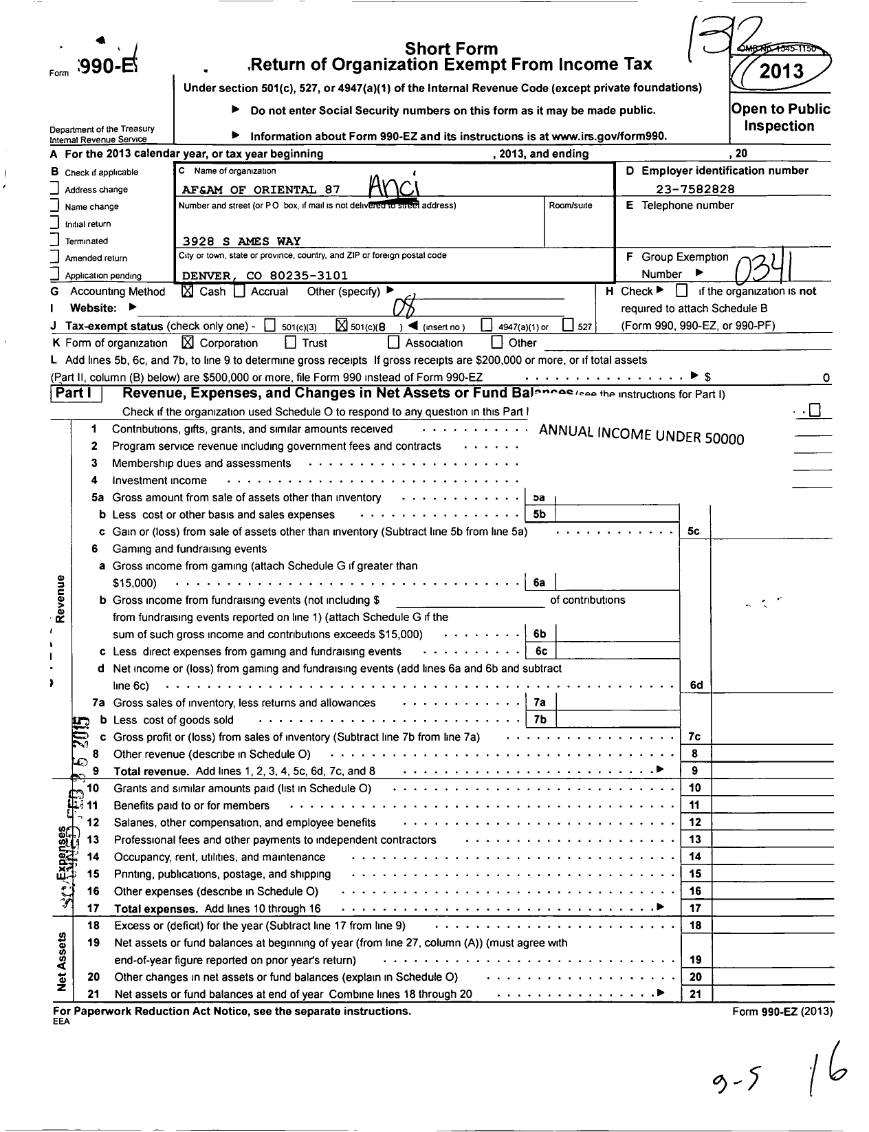 Image of first page of 2013 Form 990EO for Ancient Free and Accepted Masons of Colorado - 87 Oriental