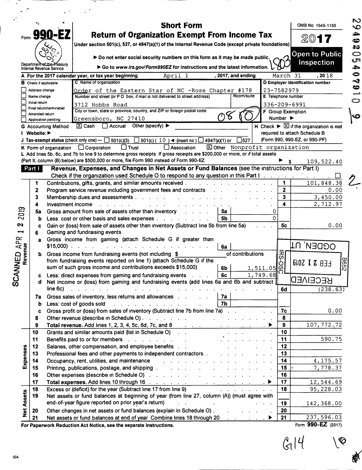 Image of first page of 2017 Form 990EO for Order of the Eastern Star of North Carolina - 178 Rose