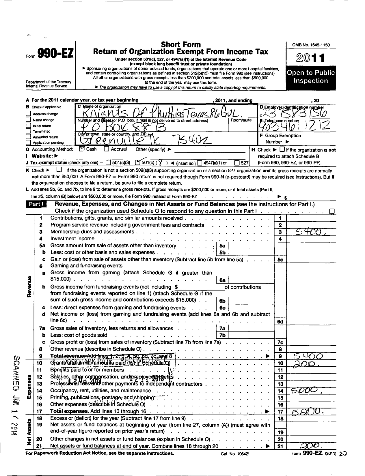 Image of first page of 2011 Form 990EO for Knights of Pythias Texas / 86 Greenville-Banner Lodge