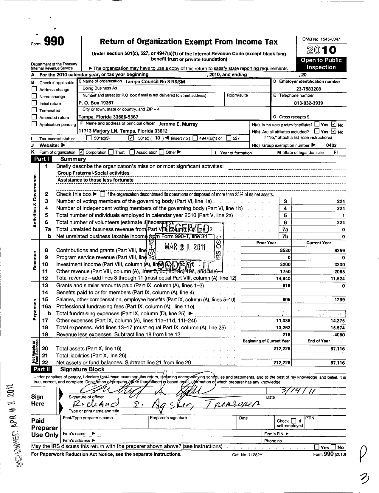 Image of first page of 2010 Form 990O for Royal and Select Masters of Florida