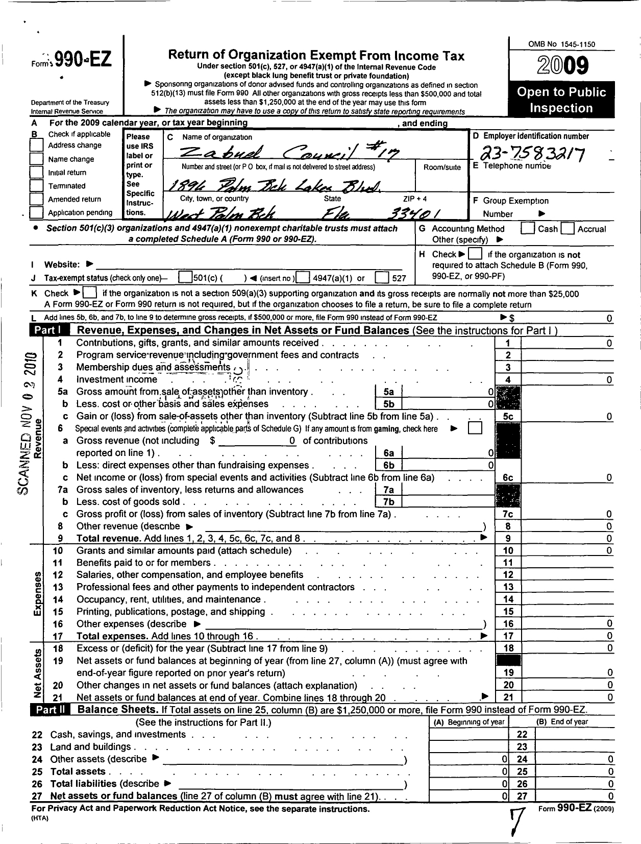 Image of first page of 2009 Form 990EO for Zabud Council No 17 Royal and Select Masters