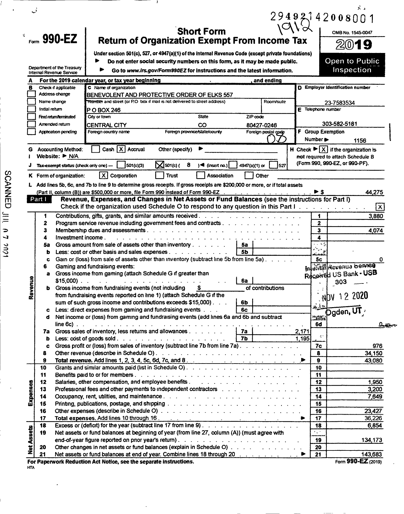 Image of first page of 2019 Form 990EO for Benevolent and Protective Order of Elks - 557 Central City