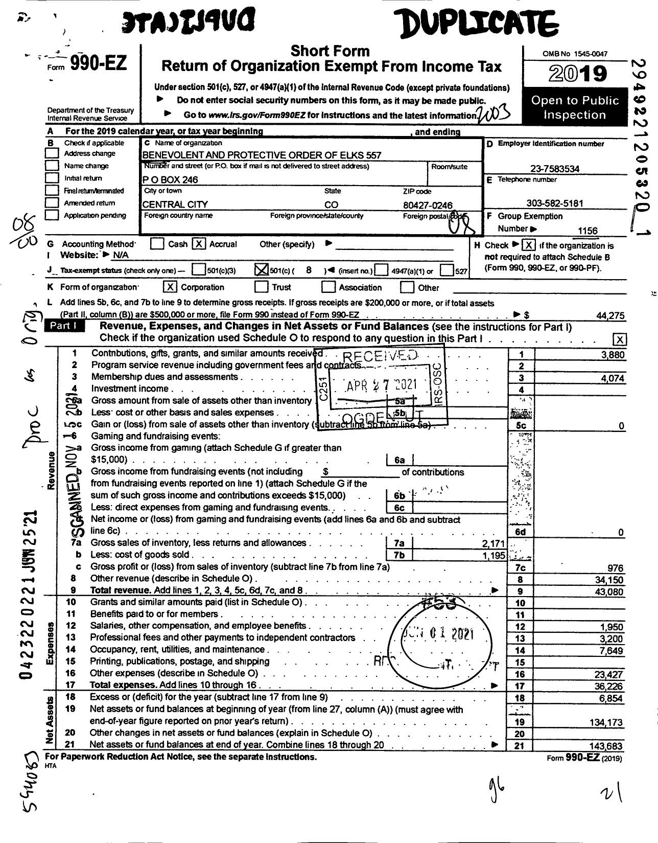 Image of first page of 2019 Form 990EO for Benevolent and Protective Order of Elks - 557 Central City