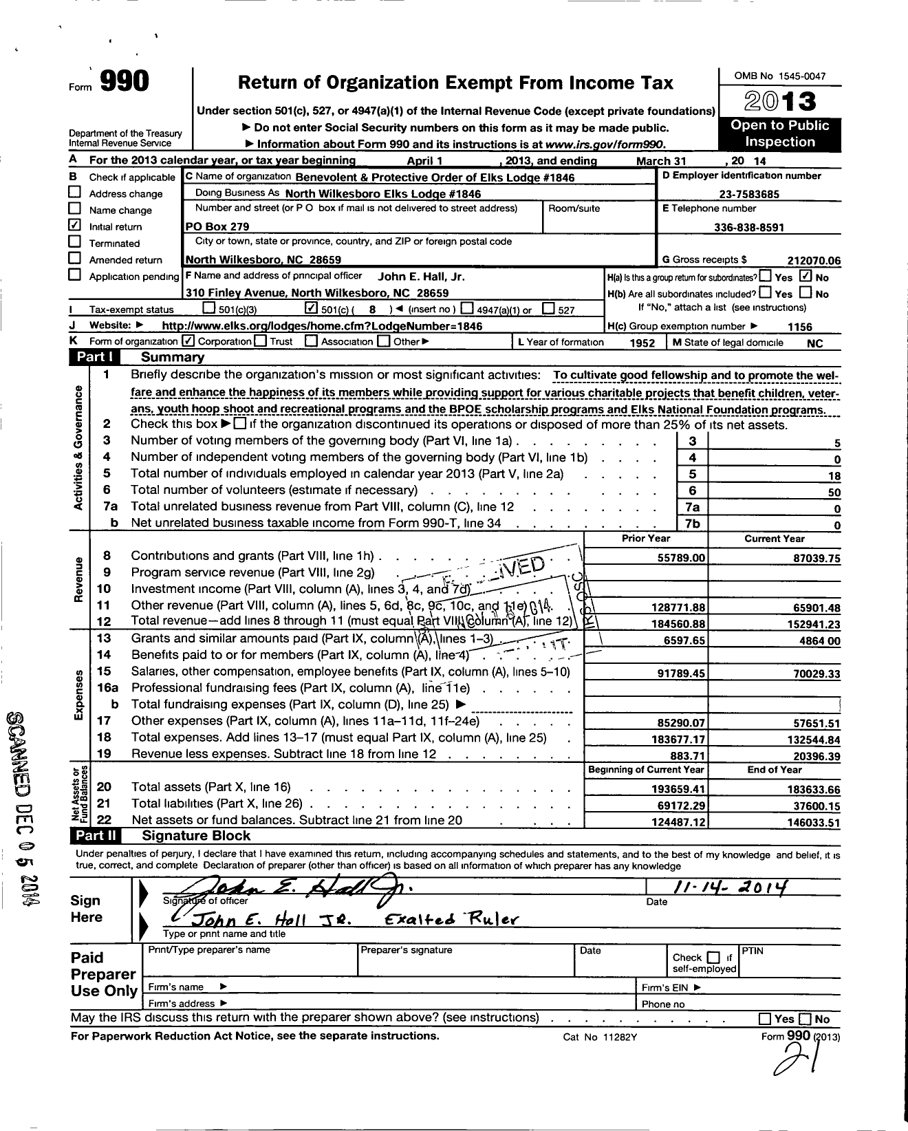 Image of first page of 2013 Form 990O for Benevolent and Protective Order of Elks - 1846 North Wilkesboro