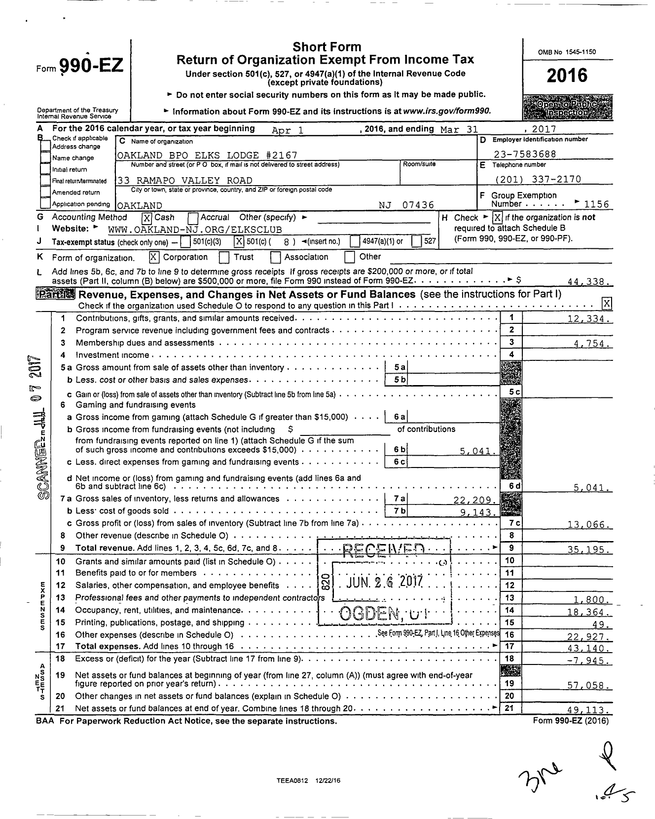 Image of first page of 2016 Form 990EO for Benevolent and Protective Order of Elks - 2167 Oakland