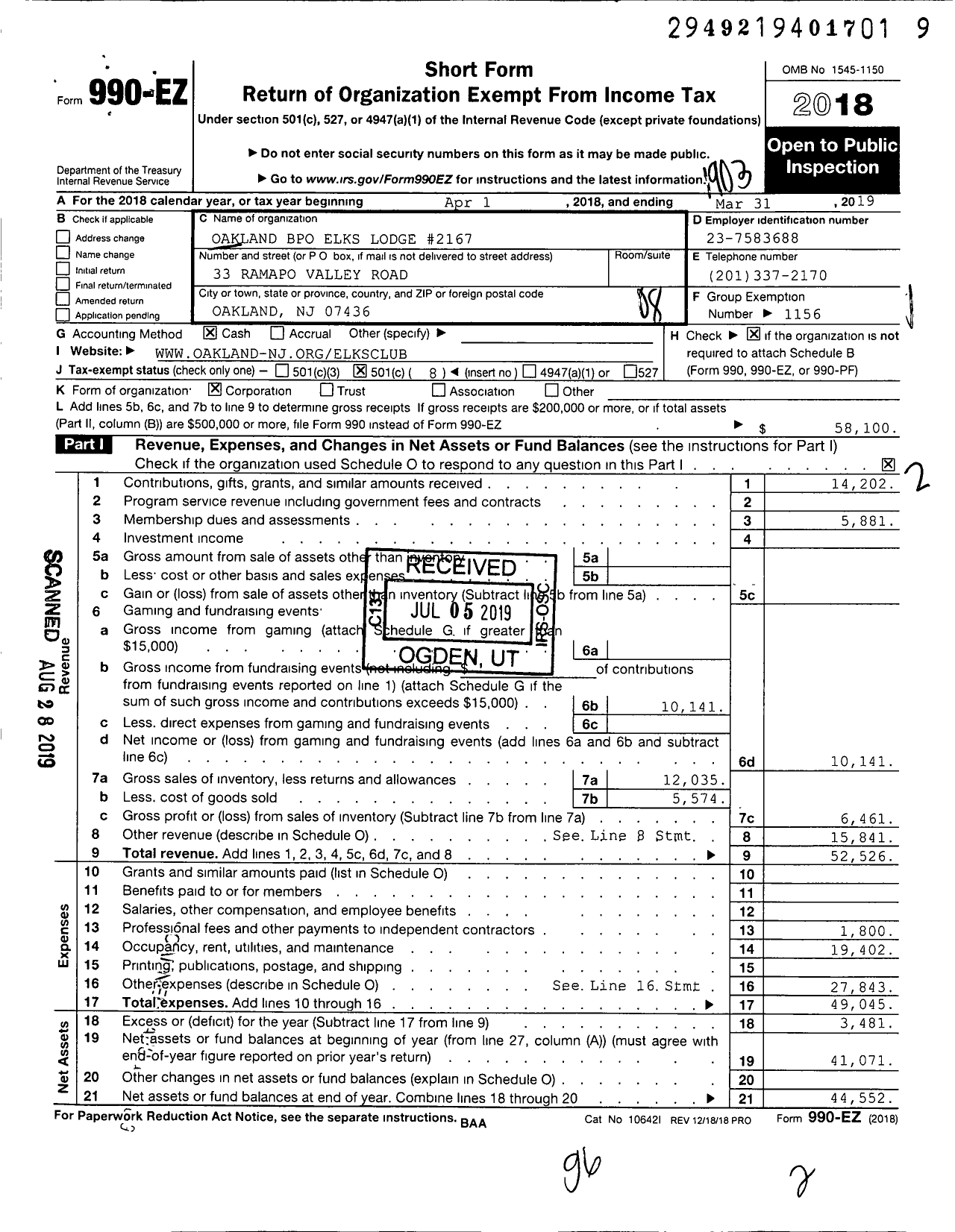 Image of first page of 2018 Form 990EO for Benevolent and Protective Order of Elks - 2167 Oakland